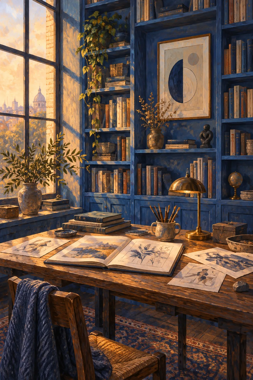 A blue oil-painted library with open notebooks, bookshelves, and a brass desk lamp in warm afternoon light.