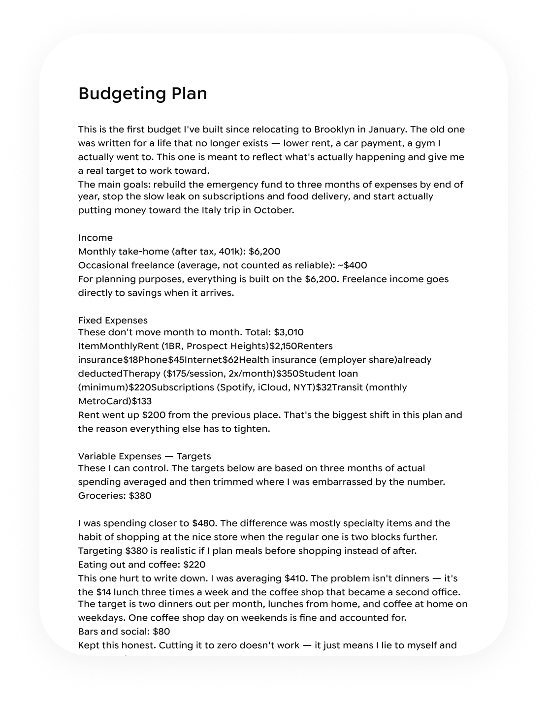 Budgeting plan document