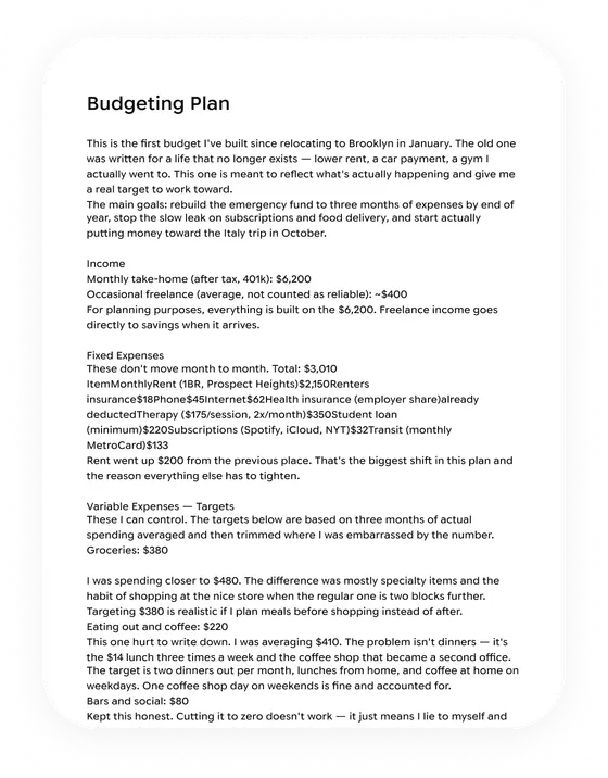 Budgeting plan document
